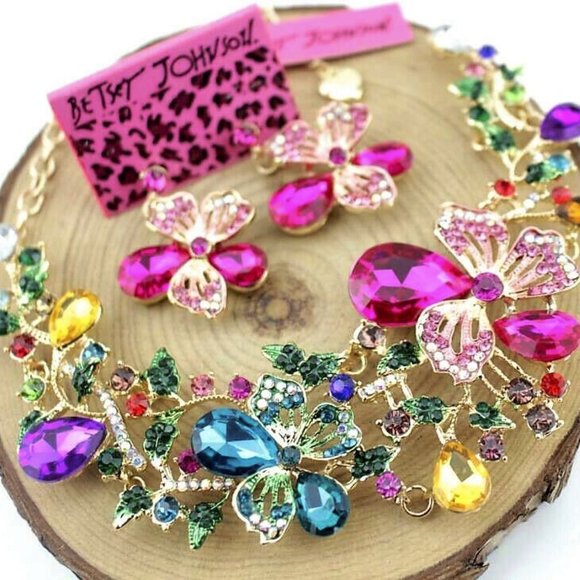 Superb FLORAL Bouquet RAINBOW Flower JEWEL Betsey Johnson Necklace Earrings SET - Picture 3 of 8